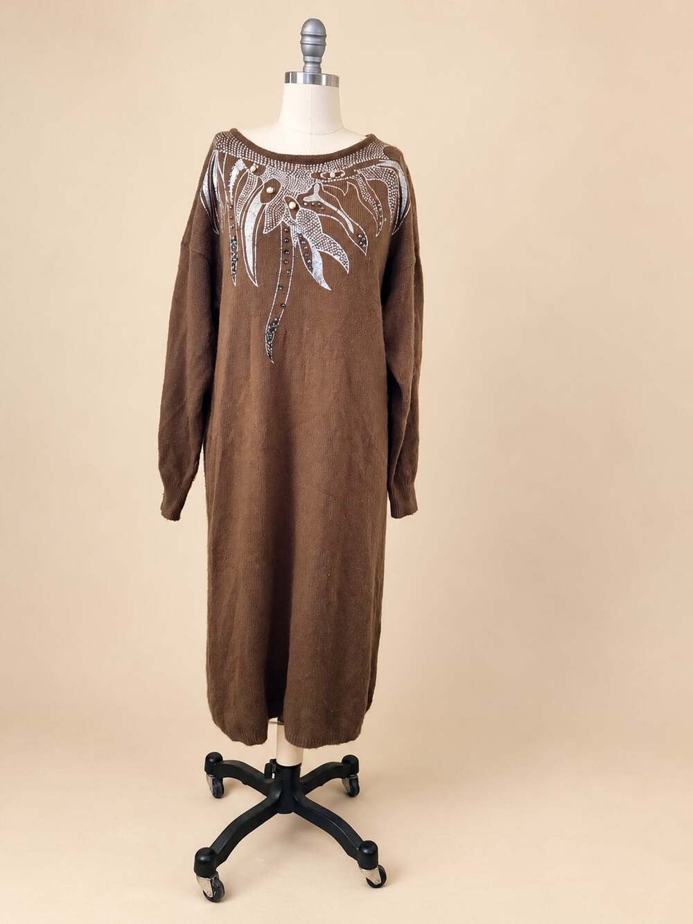 Vintage 90s Young Style Brown Knit Midi Sweater Dress L 44/46 Silver Beaded